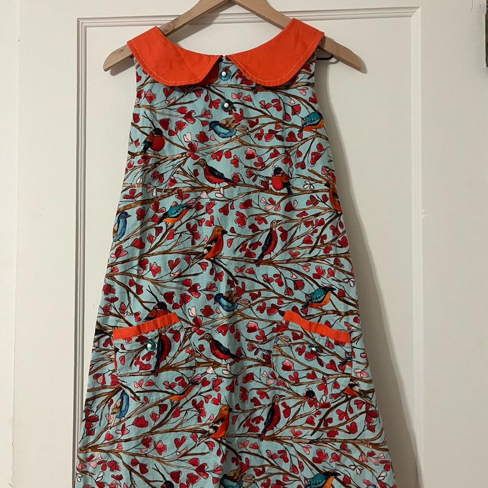Beebop and Wally NYC Bird Patterned Mini Dress with Orange Collar Made in USA